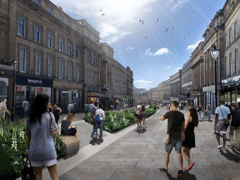 Long pedestrianised street, running through the middle are green bushes. The building running up the sides of the street are tall, old sandstones. The image is partially augmented to show what it could look like when transformation is finished.