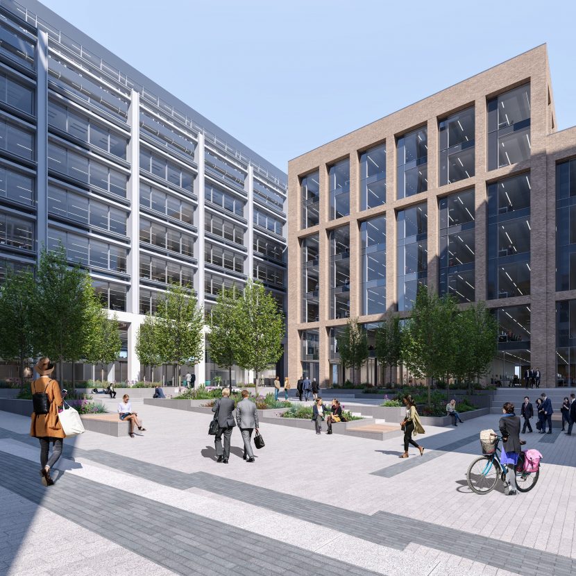 CGI image of development. On the right a beige block building with lots of large glass windows, trees stand in the foreground
