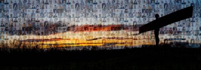 A landscape image of the Angel of the North. The Angel stands on the far right hand side in shadow. A mosaic of smaller images (headshots) spans across the skyline