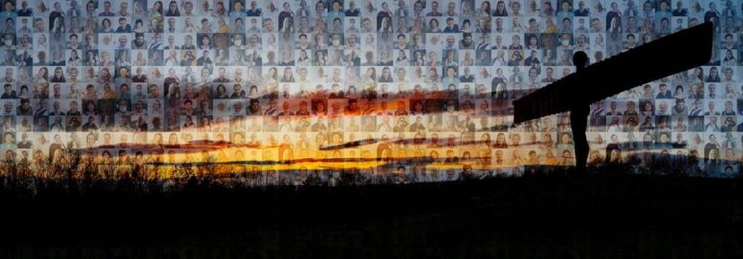 A landscape image of the Angel of the North. The Angel stands on the far right hand side in shadow. A mosaic of smaller images (headshots) spans across the skyline