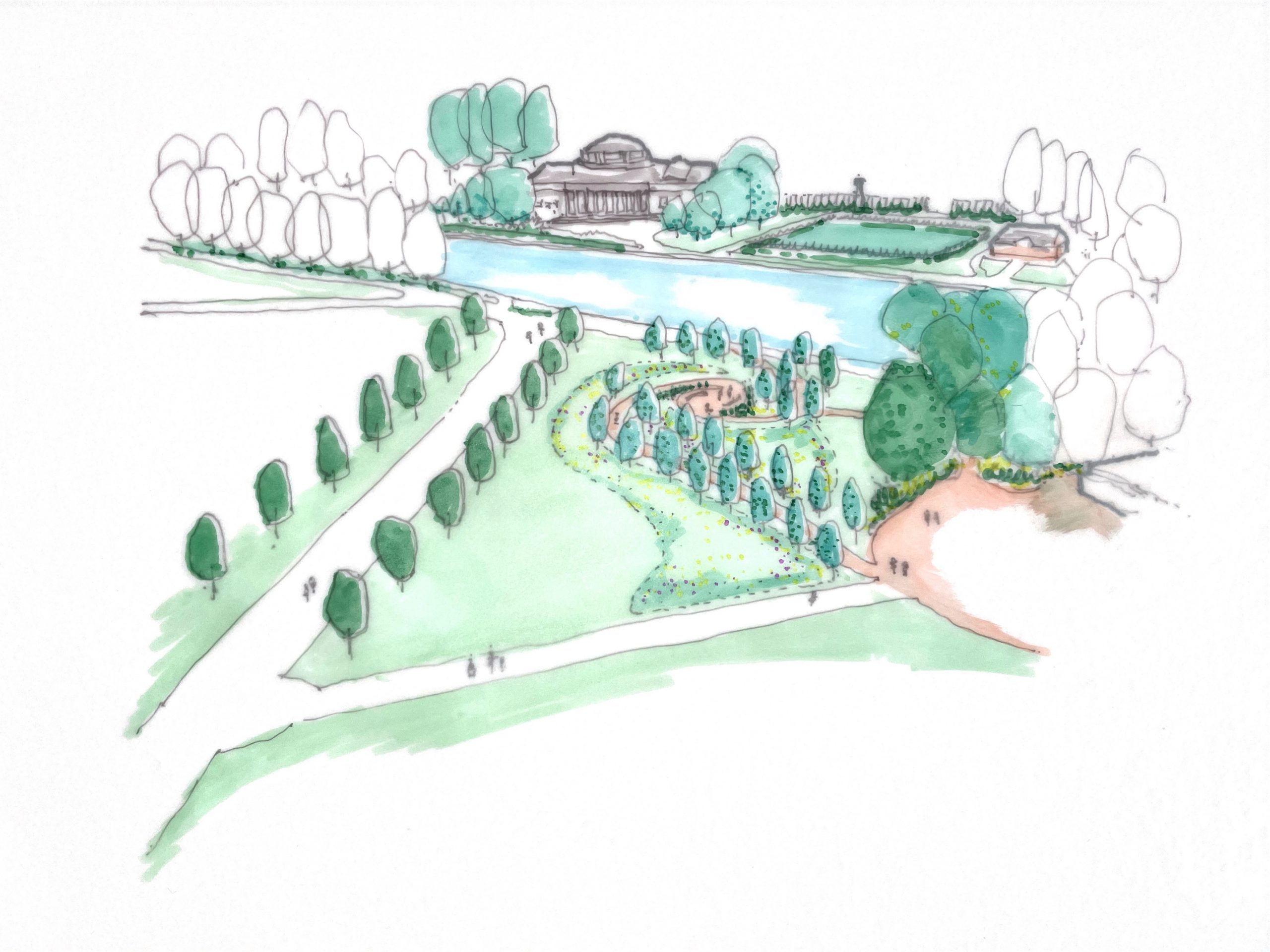 Artist sketch of Exhibition Park with winding path lined by trees as and large pond and Wylam Brewery in the background