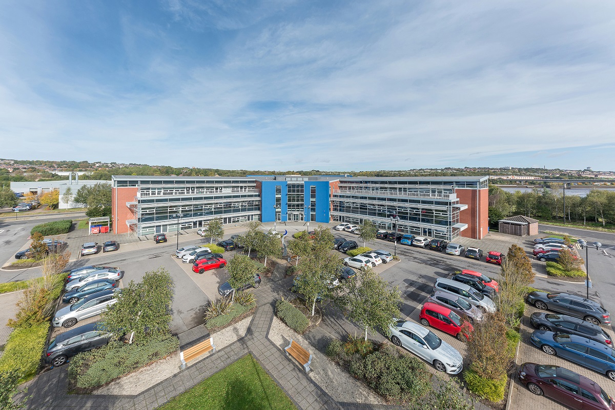 Wide angle view of l-shaped building