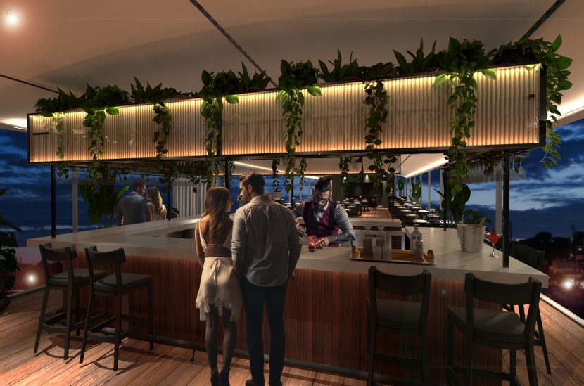 Artists impression of the SIX Restaurant. Two people are being served at a modern, panoramic bar in moody lighting.