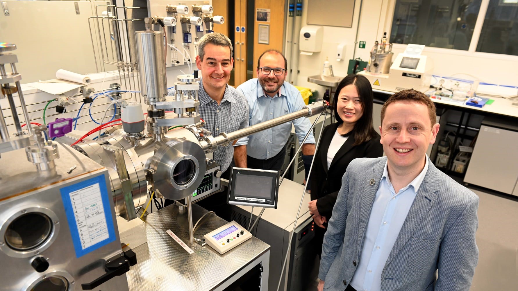Prof Guillaume Zoppi, Dr Vincent Barrioz, Dr Lu Xing and Prof Neil Beattie from the ReNU+ team at Northumbria University laboratory