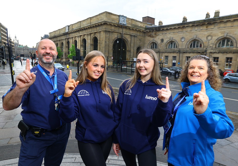 Lumo ambassadors pictured with placement students from Newcastle College outside of Newcastle Station