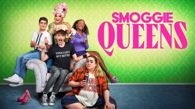 TV show poster for Smoggie Queens with five of the cast sat around a lounge chair.