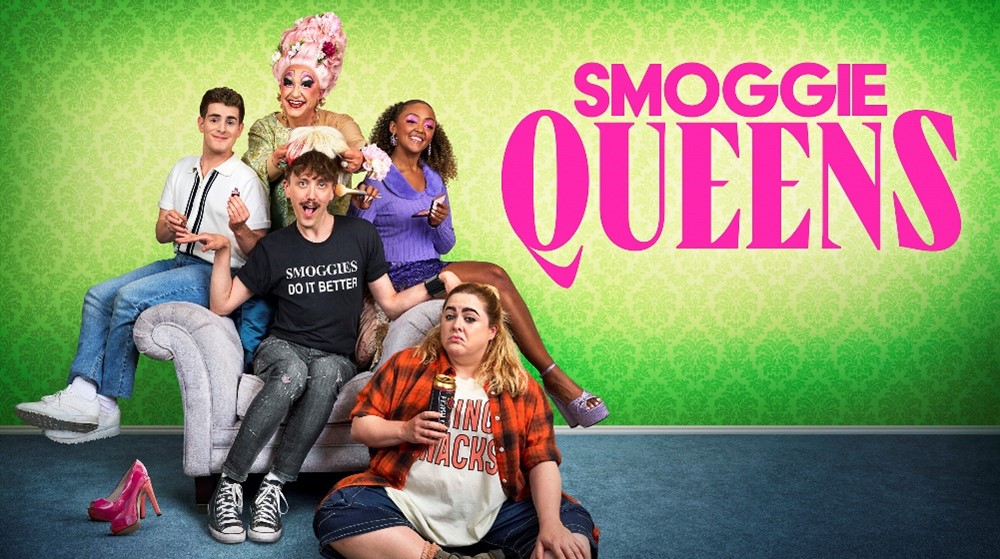 TV show poster for Smoggie Queens with five of the cast sat around a lounge chair.