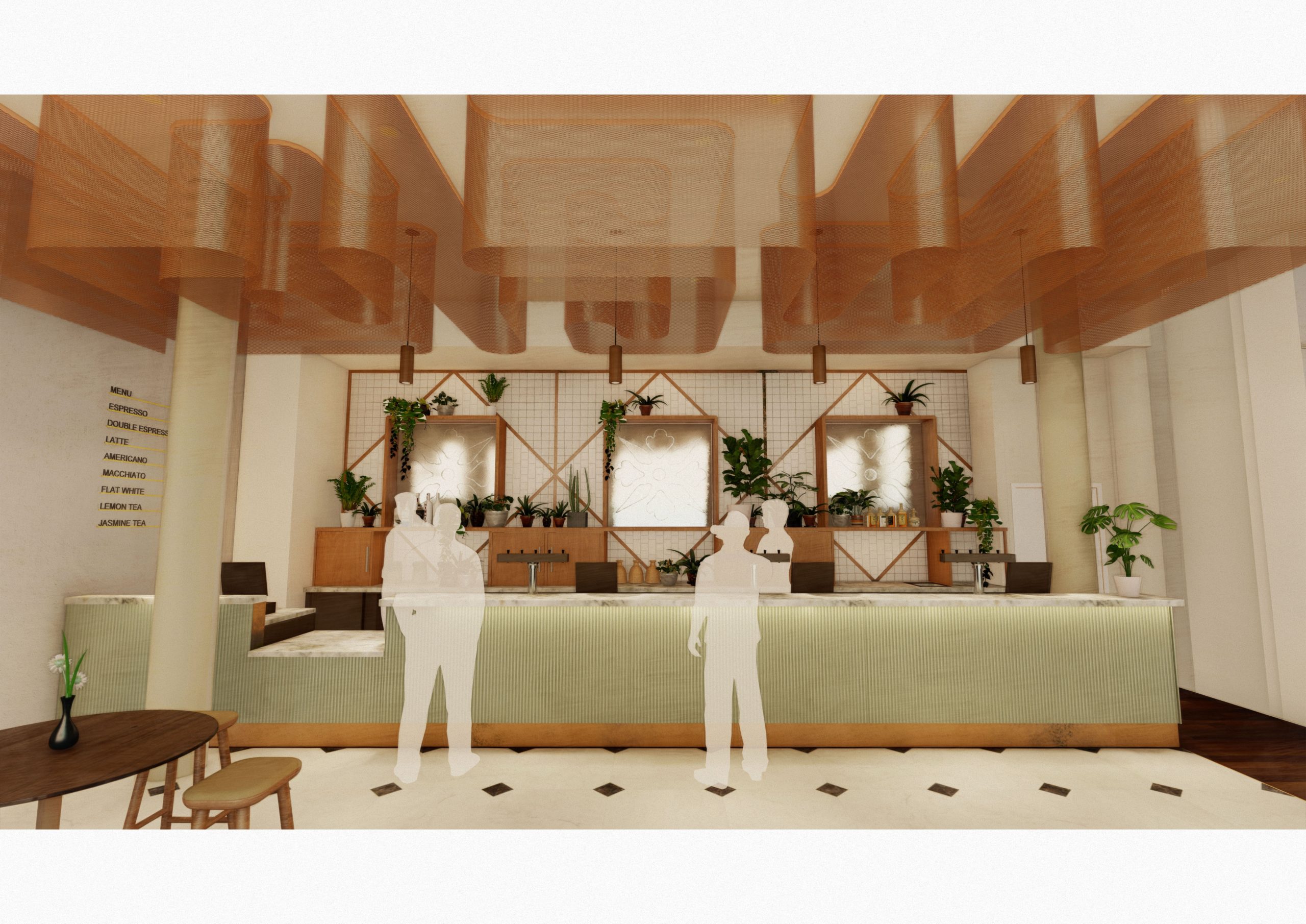 CGI of what new Theatre Royal bar will look like including light green counters and wooden detailing.