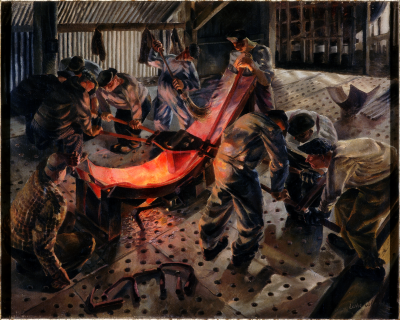 Image of painting from With These Hands exhibition. Painting is of Shaping of the Keel Plate of a Corvette by Leslie Cole, 1942