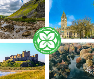 Collage of photos of four northern locations with Screen Alliance North, Working towards a greener North logo overlayed.