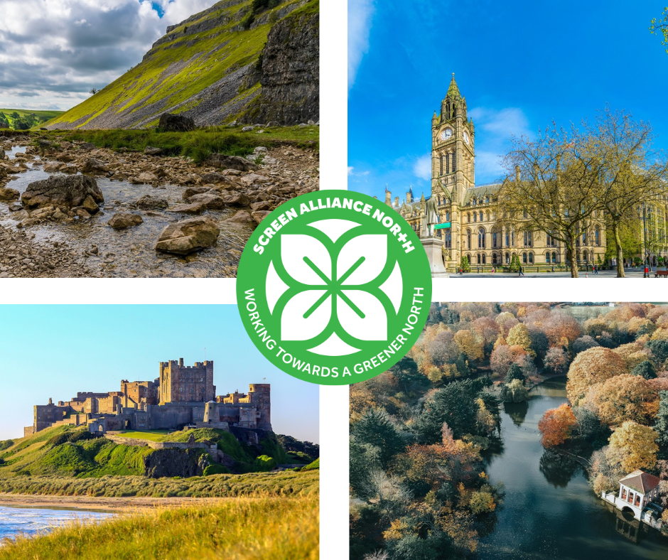Collage of photos of four northern locations with Screen Alliance North, Working towards a greener North logo overlayed.