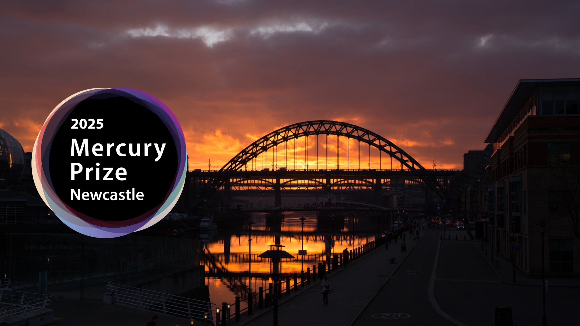Newcastle Quayside at sunset with Mercury Prize logo