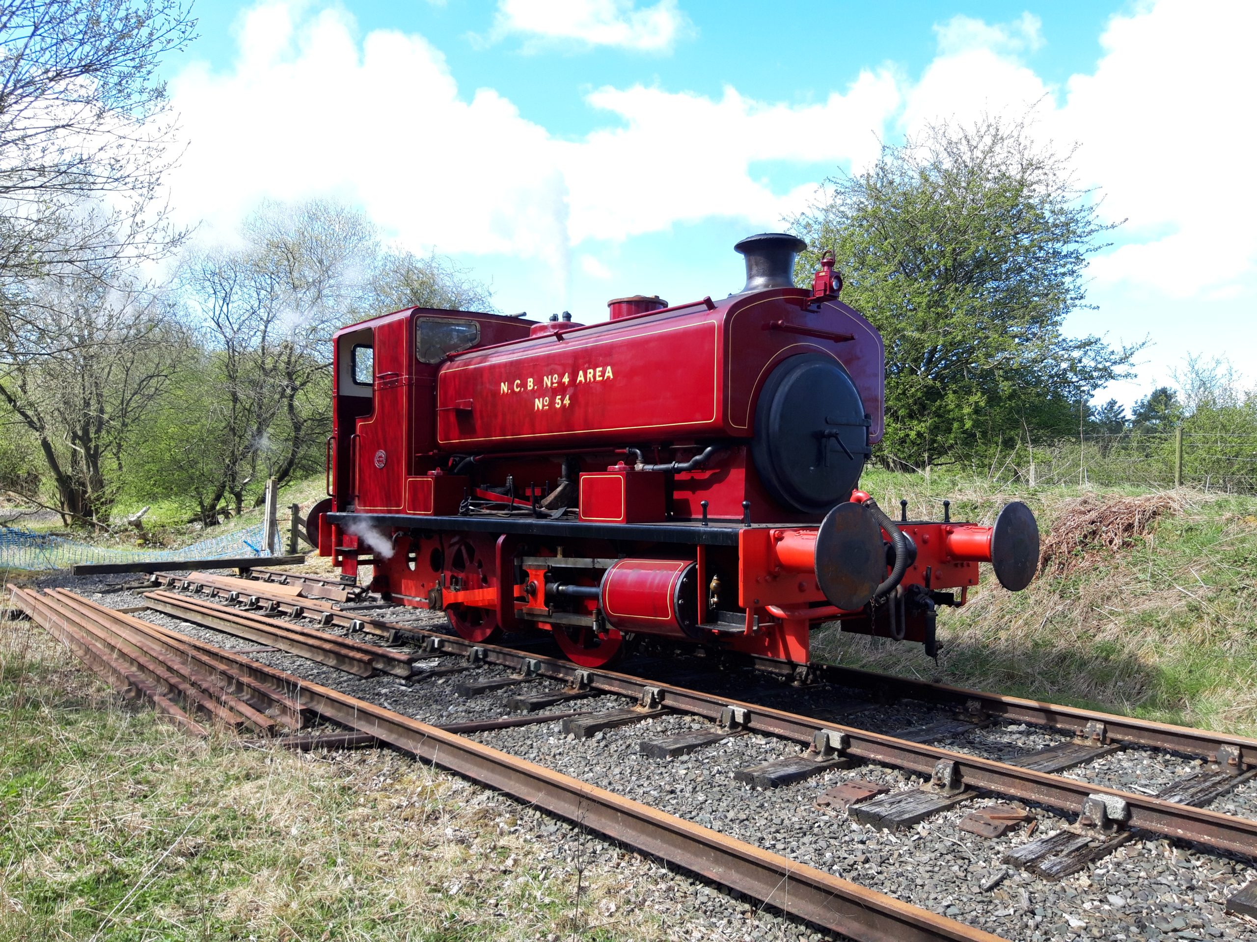 Red steam locomotive on a track in the countryside
