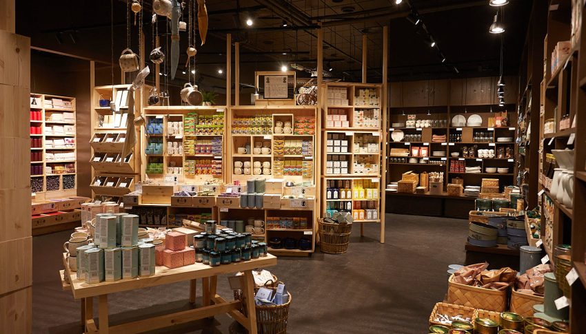 Interior of Søstrene Grene store with lots of wooden panelling