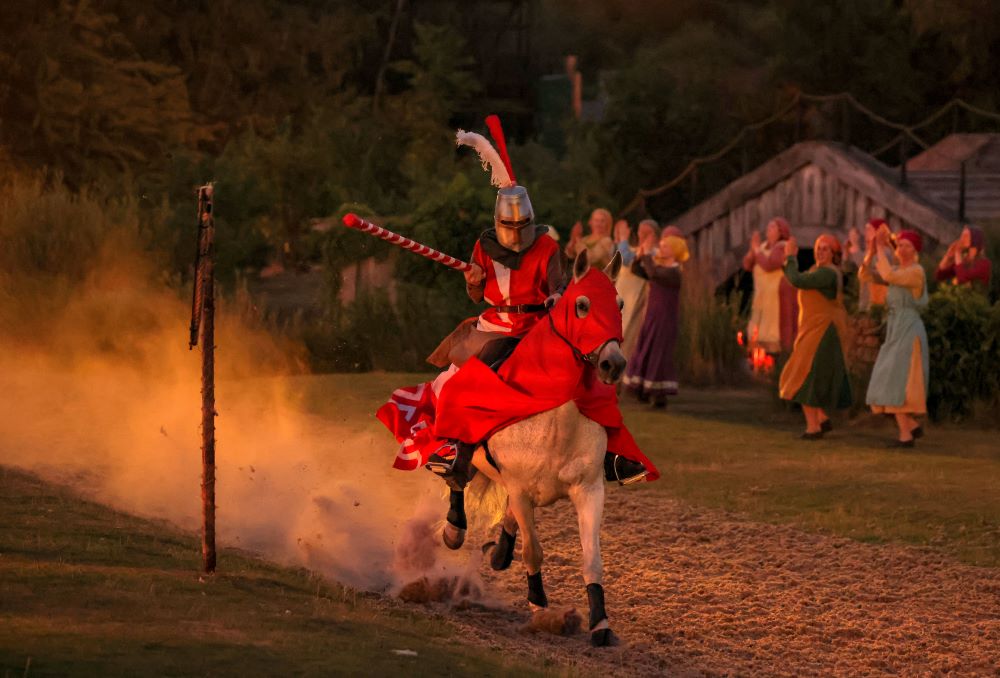 Person in medieval knight costume riding a horse at night with a joust in hand