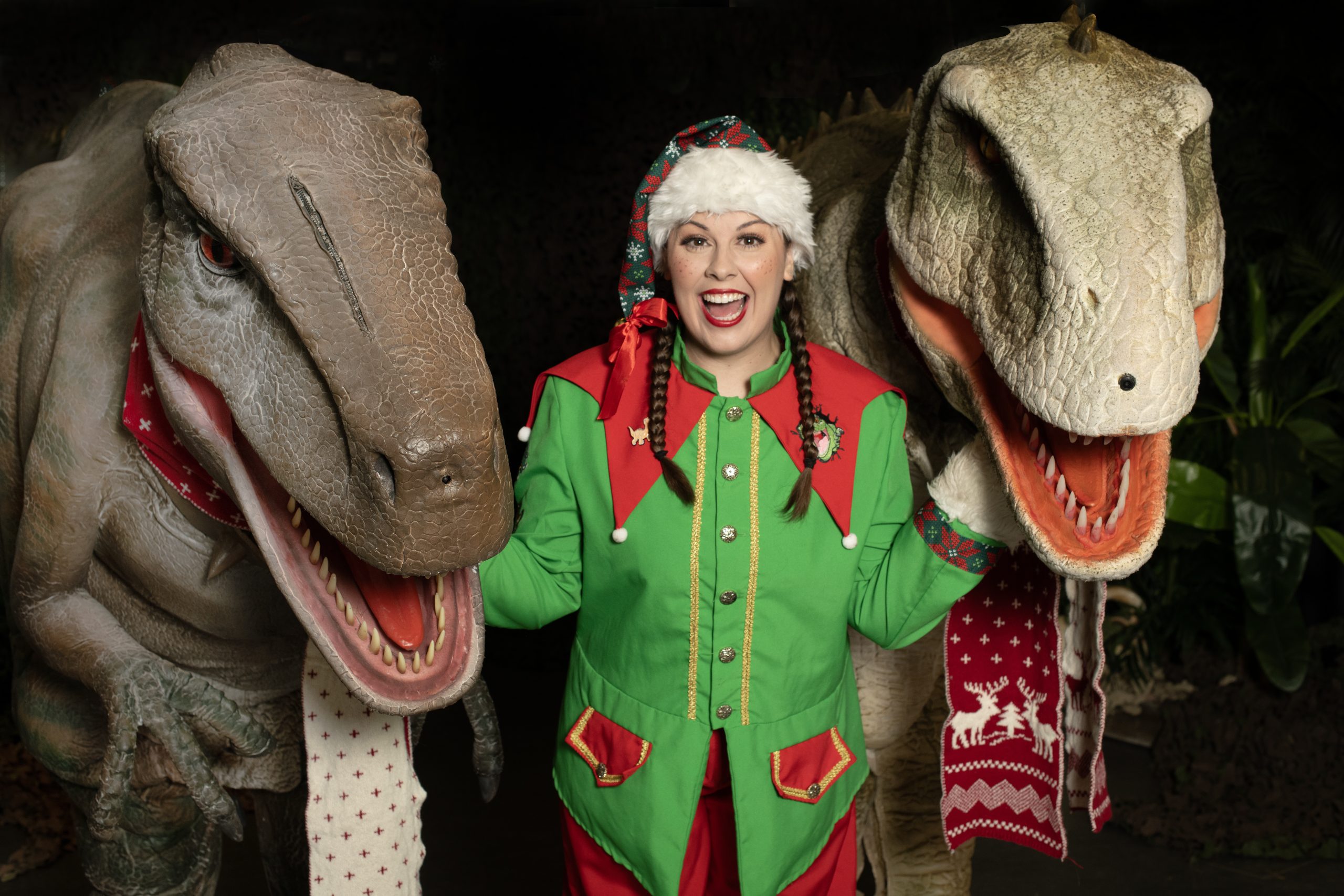 Person dressed as elf stood next to two dinosaur replicas.