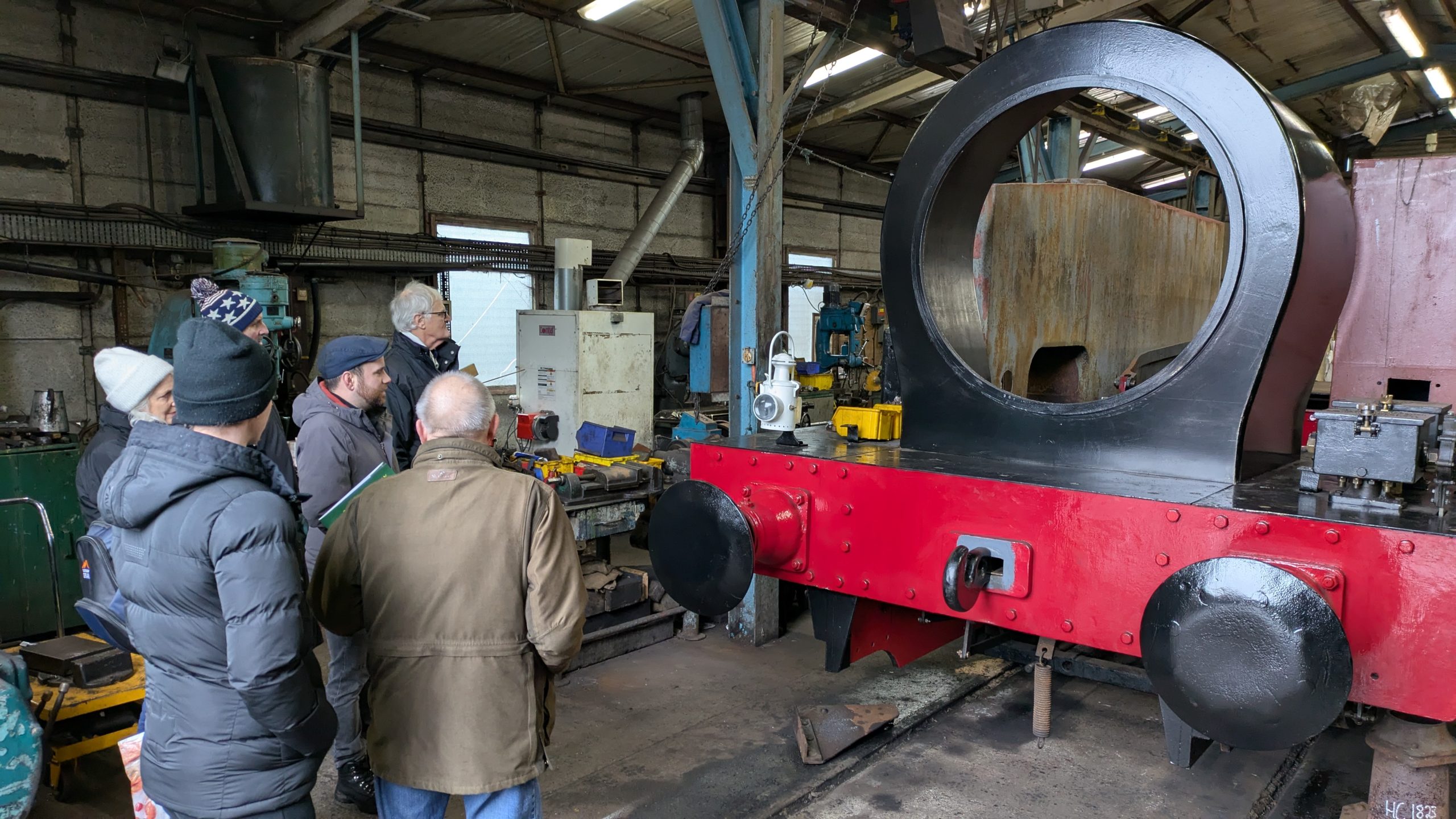 Group of people visiting the Tanfield Railway workshop