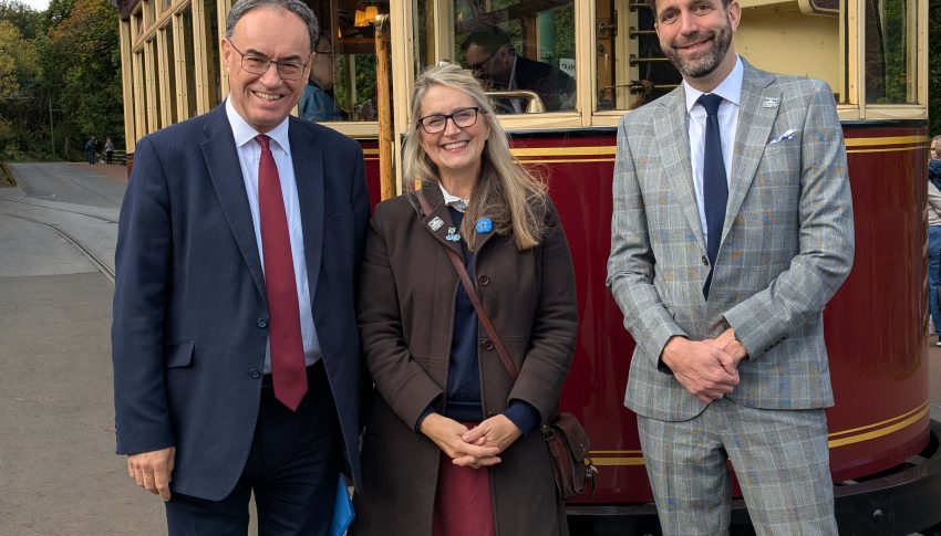 Beamish CEO and Chair with Bank of England Governor in front of Beamish tram.