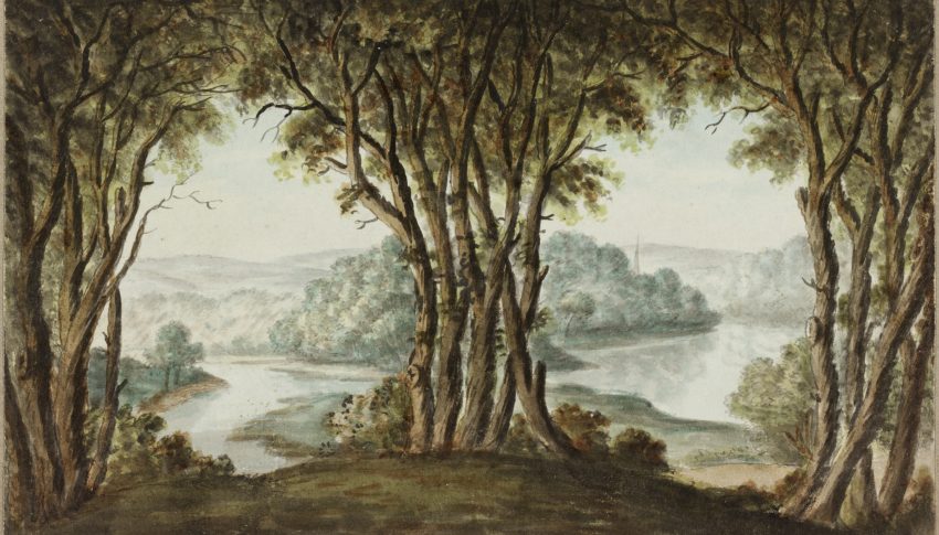 Painting of trees with a lake in the background.