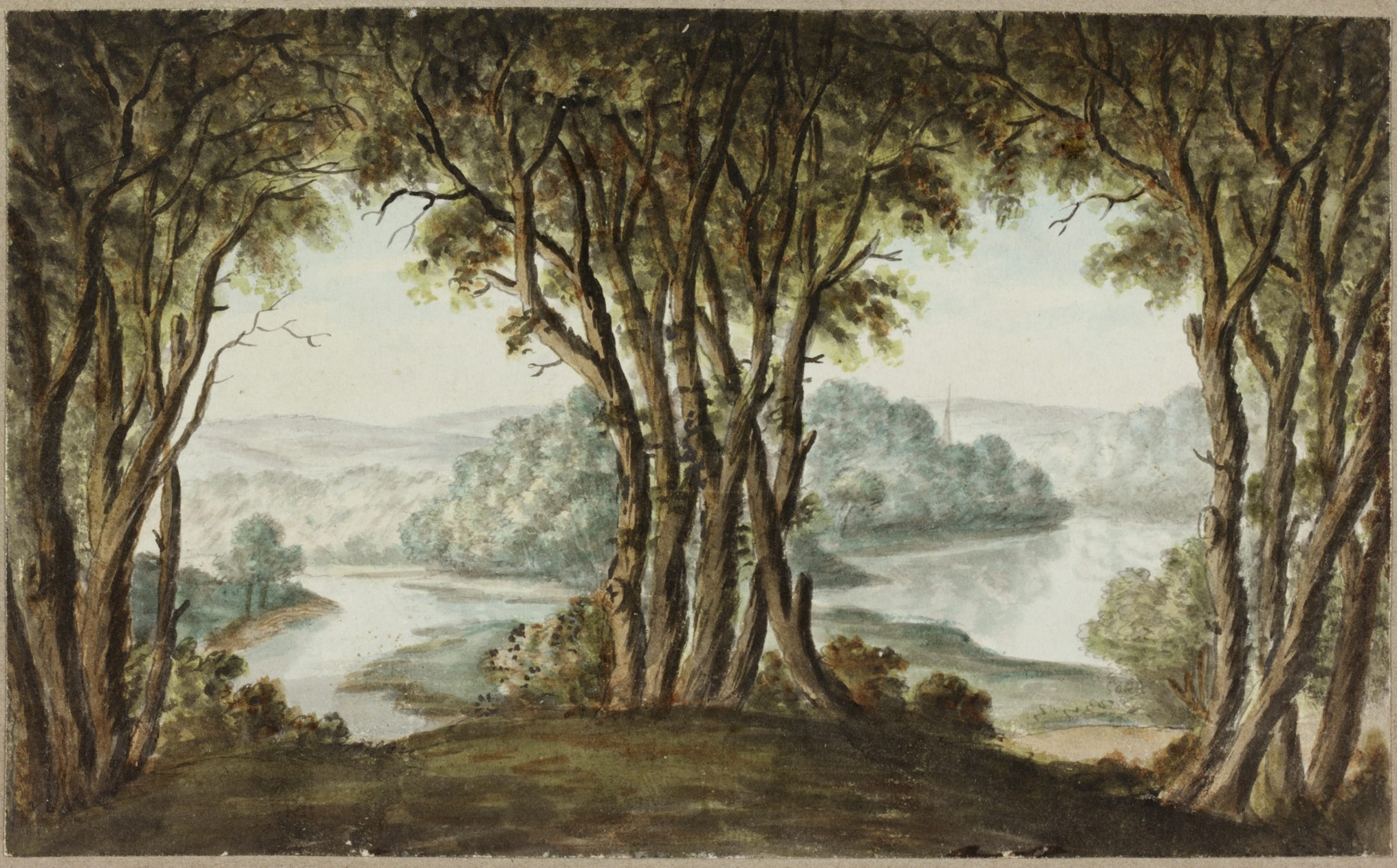 Painting of trees with a lake in the background.