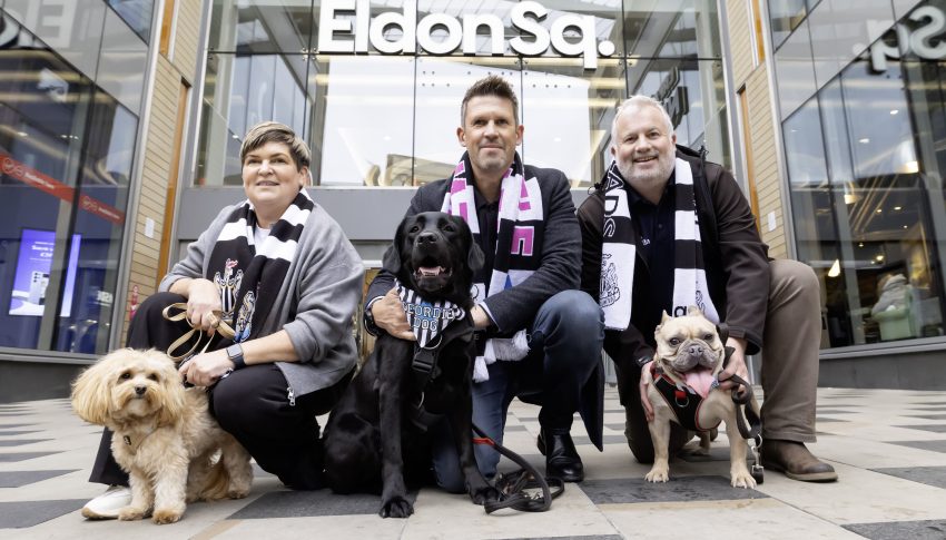 Three people wearing black and white striped NUFC scarves with three dogs.