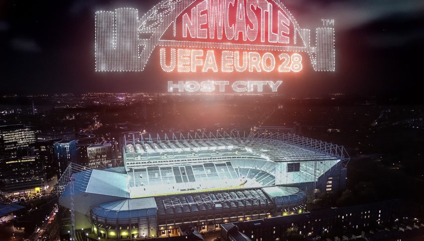 Newcastle EURO logo set against the night sky over St James' Park