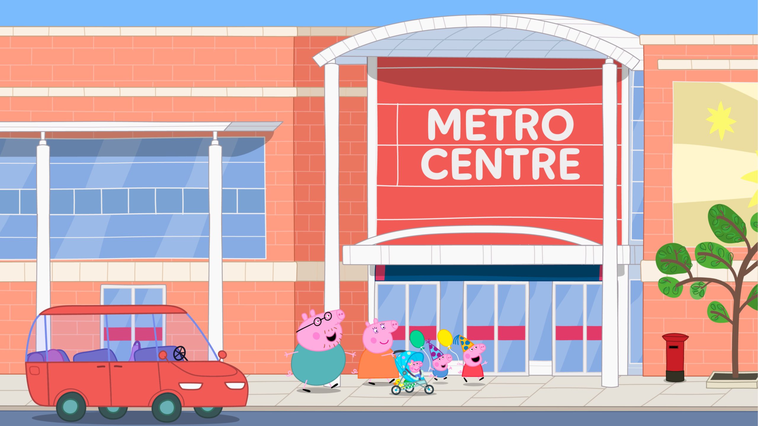 Peppa Pig and family arriving at Metrocentre cartoon.