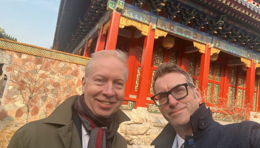 Keith Merrin, North East Museums (right) and David Butcher, Halle Orchestra (Left) at the Forbidden City, China